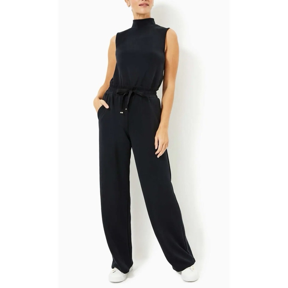Lilly Pulitzer XL UPF 50+ Amore Jumpsuit Black Mock Neck Wide Leg Athleisure